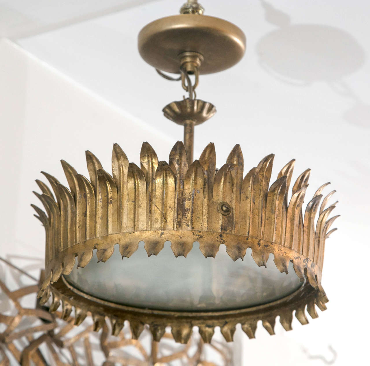 French Gilt Metal Crown of Leaves Ceiling Light