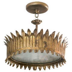 French Gilt Metal Crown of Leaves Ceiling Light