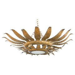 French Gilt Metal Double Sunburst Hanging Light