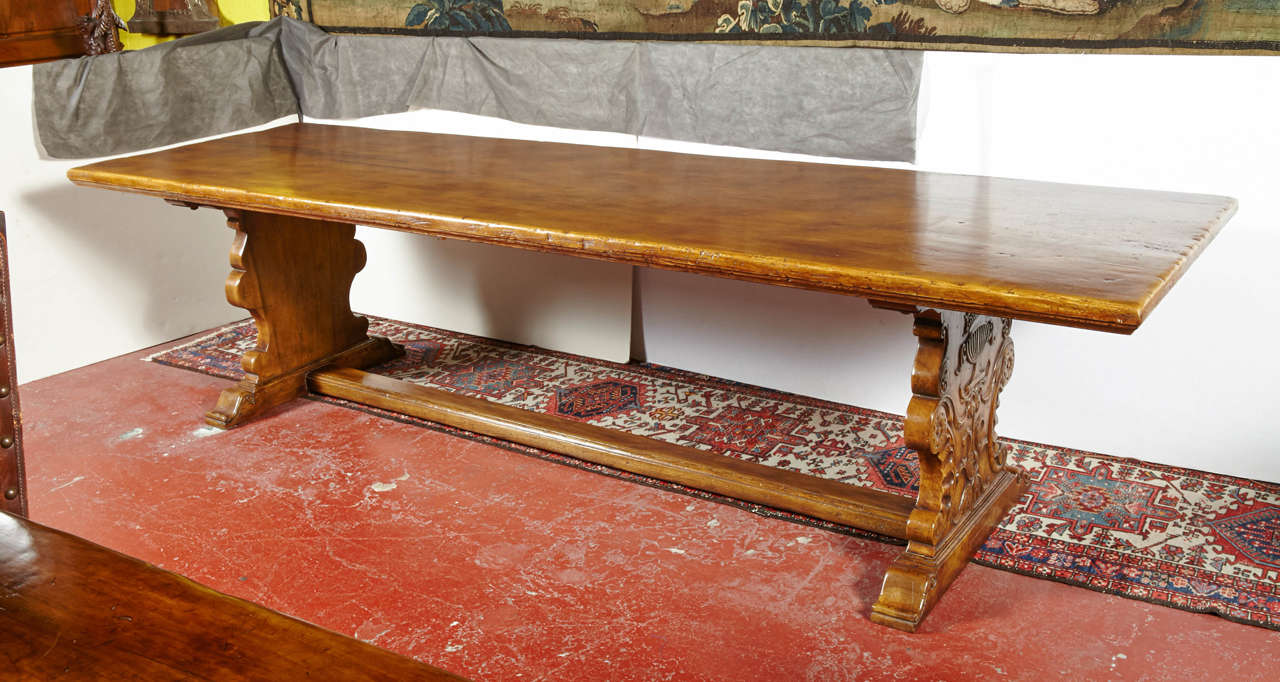Large Walnut Carved Trestle Table Console