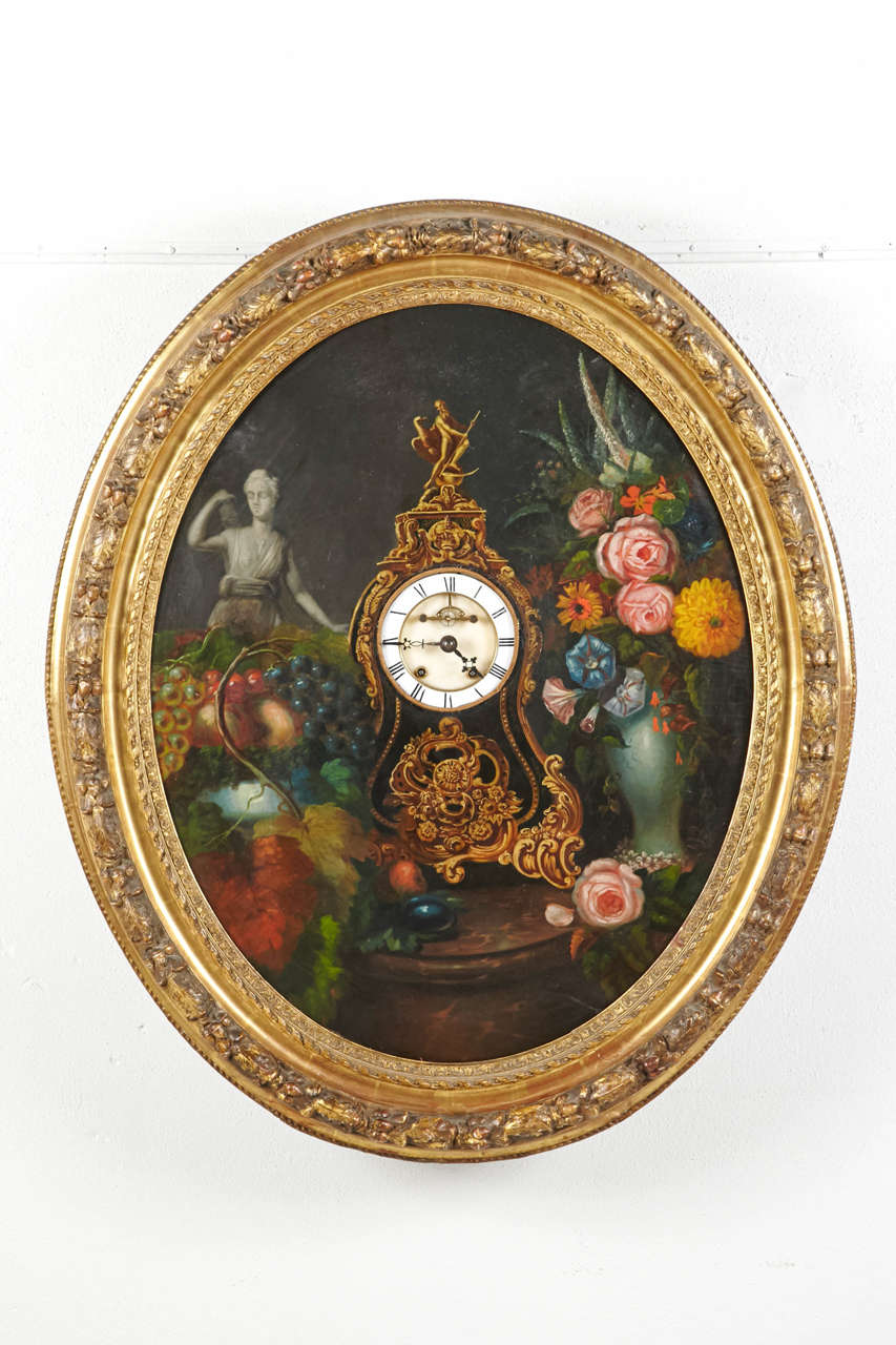 Elegant antique framed oil on canvas painting with clock in working condition from Lyon, France, circa 1830. Depicting a still life table composition with a bouquet of flowers in a vase, a basket of fruits and a mantel clock in the center. Original