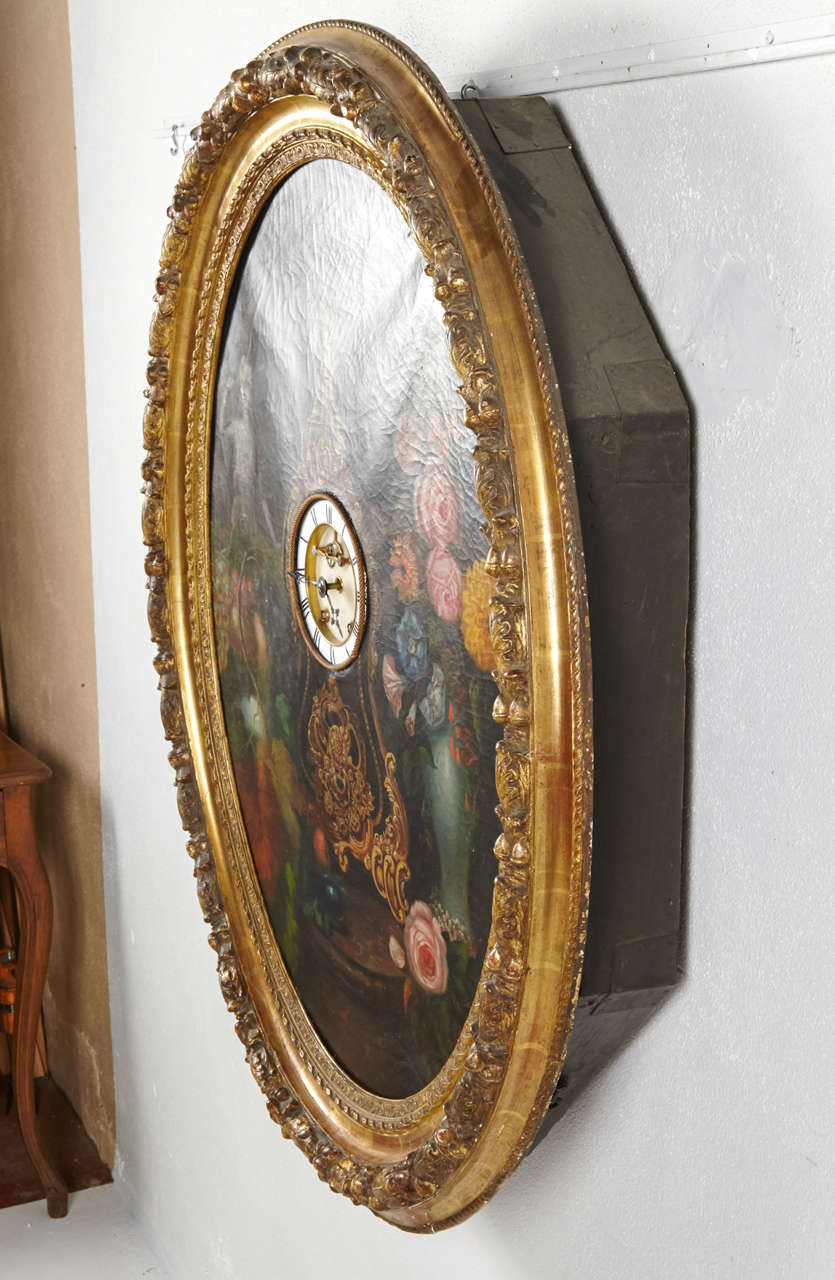 Rococo Early 19th Century French Framed Oval Trompe L'Oeil Painting with Real Clock