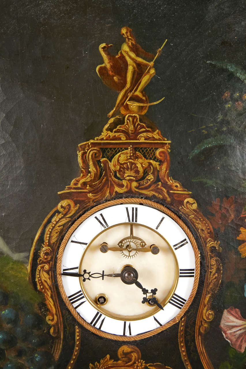 Hand-Carved Early 19th Century French Framed Oval Trompe L'Oeil Painting with Real Clock