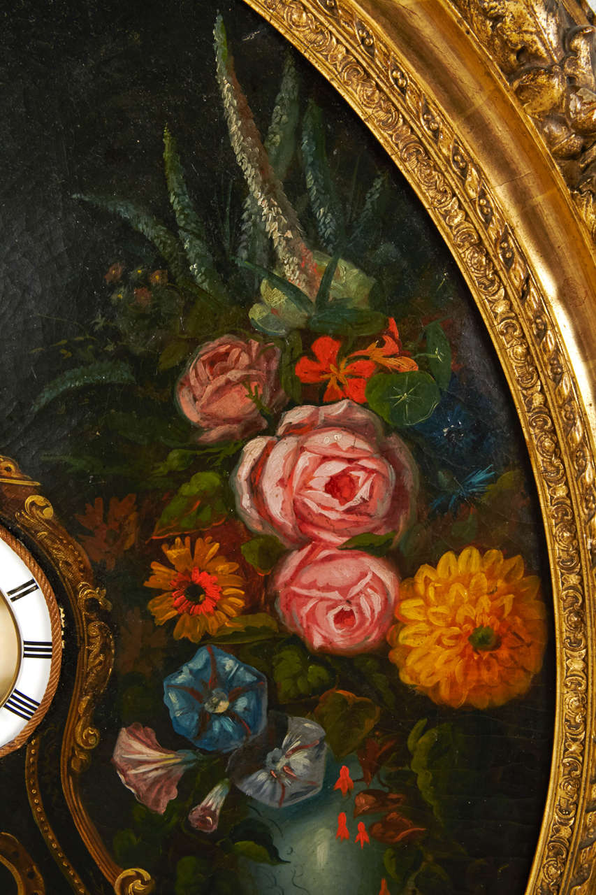 Early 19th Century French Framed Oval Trompe L'Oeil Painting with Real Clock In Excellent Condition In Dallas, TX