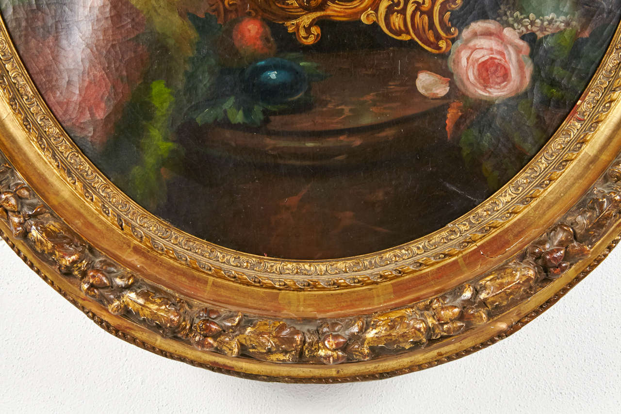 Canvas Early 19th Century French Framed Oval Trompe L'Oeil Painting with Real Clock