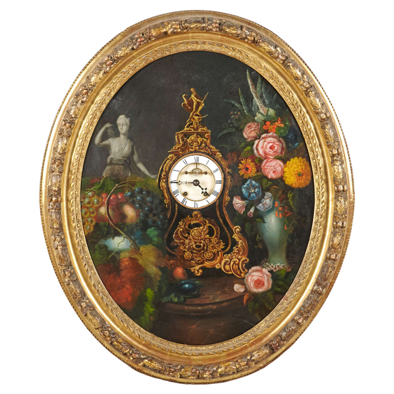 19th Century Framed Oval Clock Painting For Sale at 1stdibs