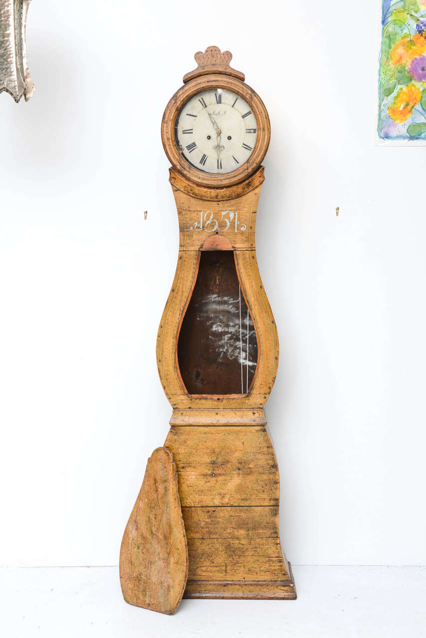 19th Century Rare Mora Swedish Grandmother Floor Clock, 1854, Original Finish For Sale