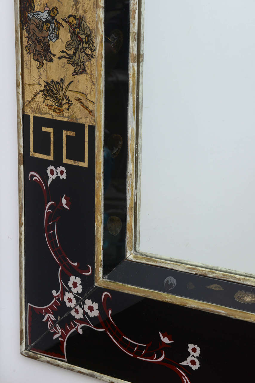 Hollywood Regency Reverse Painted Mirror with Asian Motif