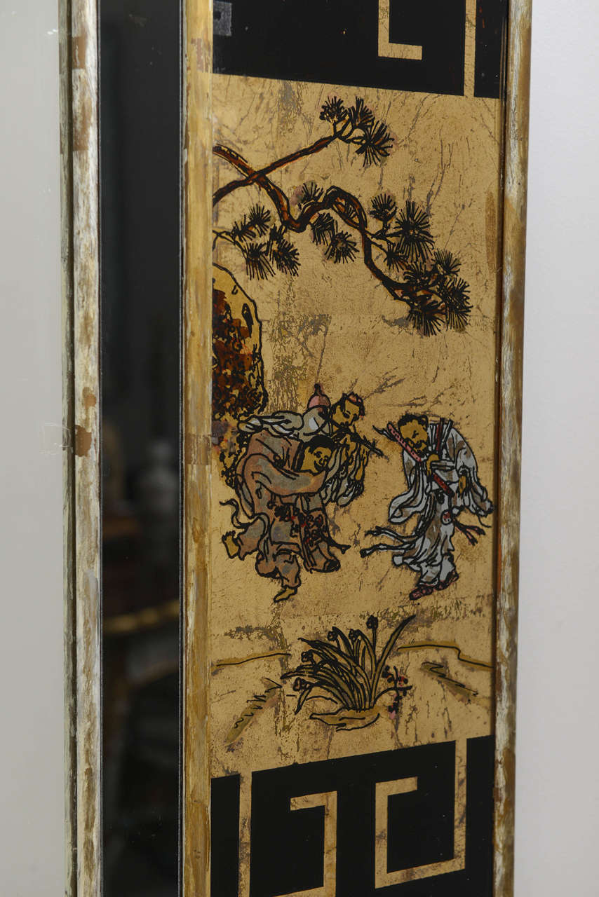 Gilt Reverse Painted Mirror with Asian Motif
