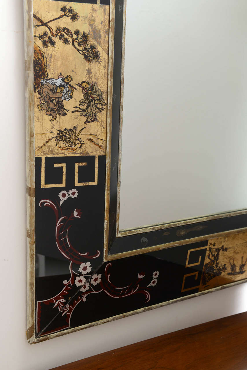 Mid-20th Century Reverse Painted Mirror with Asian Motif