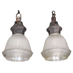 Antique Large Pair of Holophane Pendant Lights