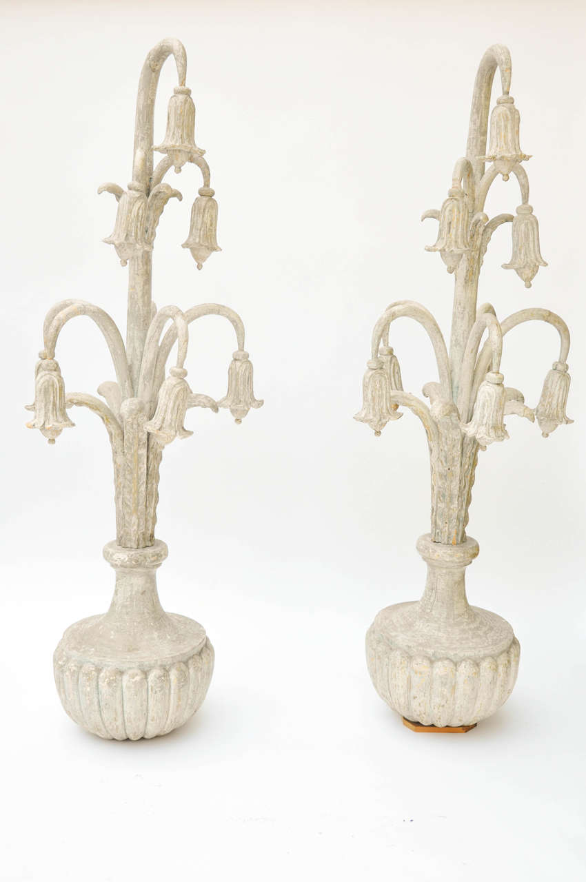 Pair of Large and Superb Quebecois Carved Pine "Lily" Decorative Urns