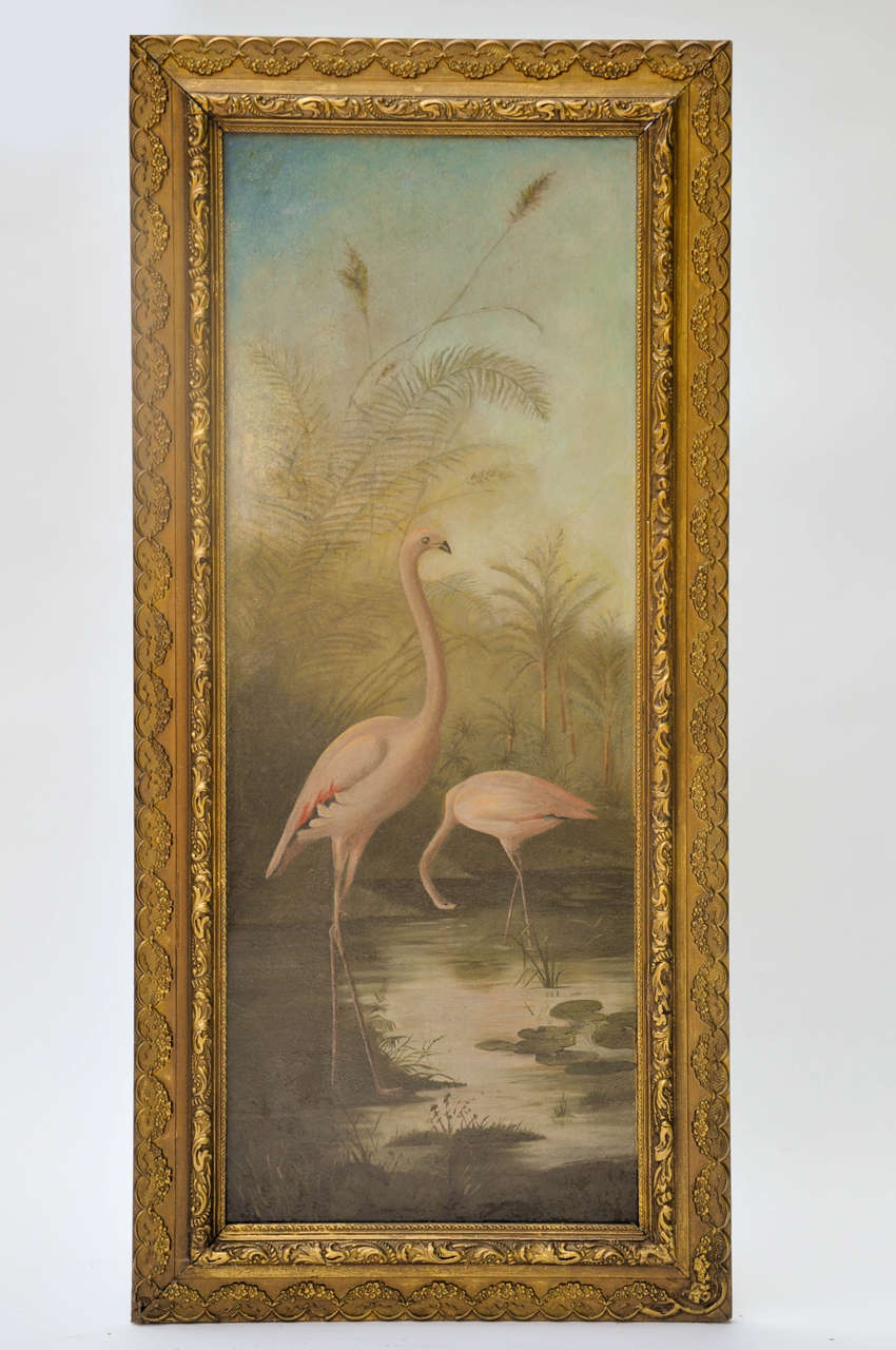Florida flamingo oil on canvas painting. Original gilt frame.
Good original condition. Not signed.