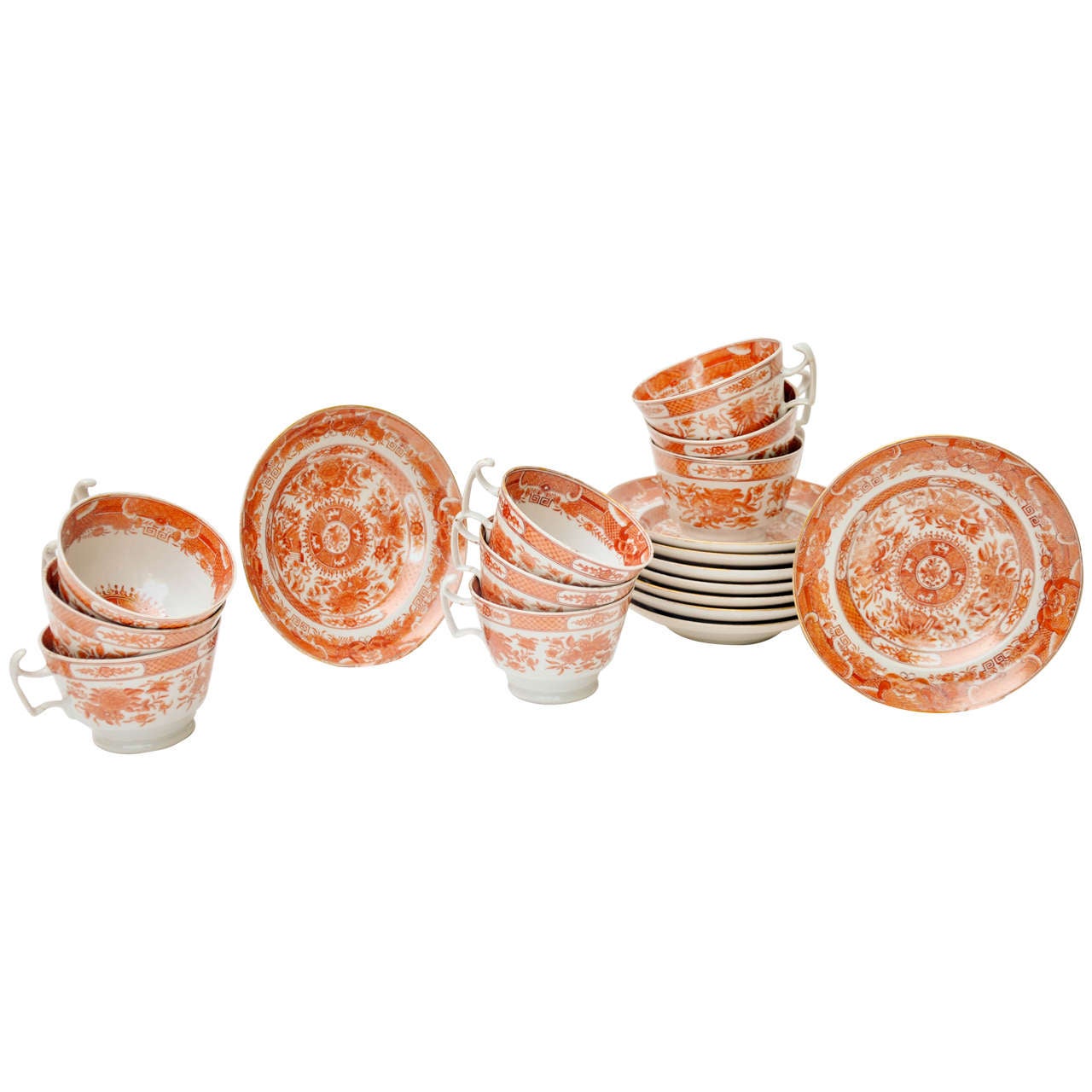 Set of Eight Chinese Export Orange Fitzhugh Tea Cups and Saucers, circa 1840