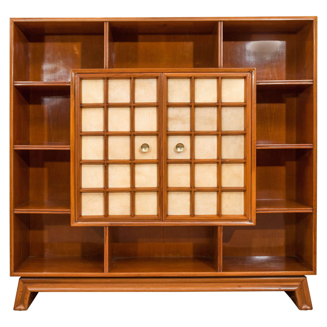 Italian 1940's parchemin and walnut bookcase cabinet