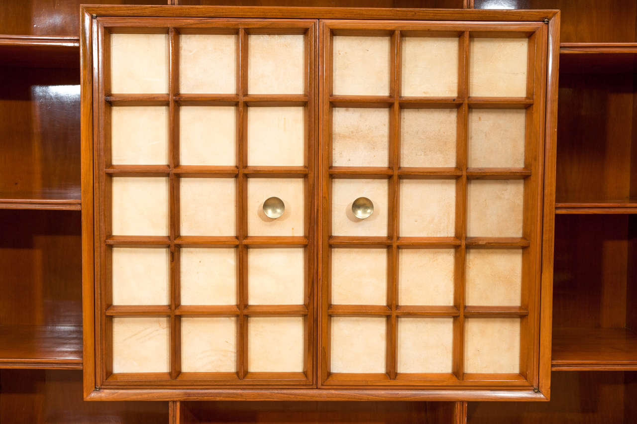 Mid-Century Modern Italian 1940's parchemin and walnut bookcase cabinet