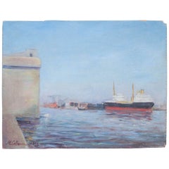 Vintage 20th Century Painting of Port Nazairie by M. Colloivinic