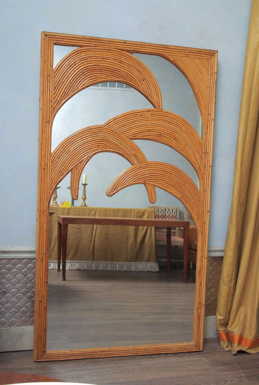 1970s bamboo mirror, the motif of bamboo leaves is created out of bamboo stalks, made by Vivai del Sud, Italy. 