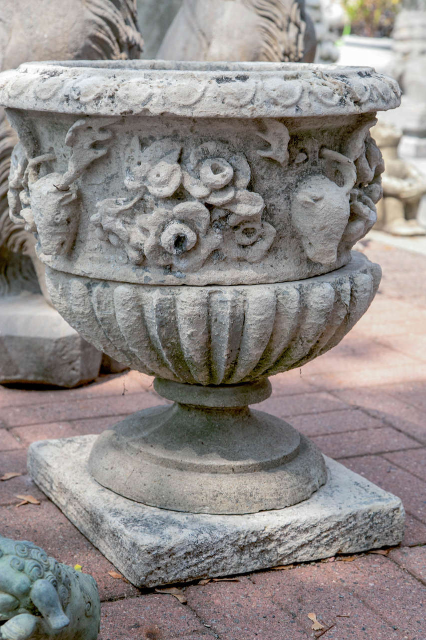Pair of beautiful limestone urns from late 18th century. The cylindrical everted rim is above a band of deer heads above a gadrooned band, on a circular foot and square base. Acquired from Ron Howard Estate in Greenwich, Connecticut. Sotheby's