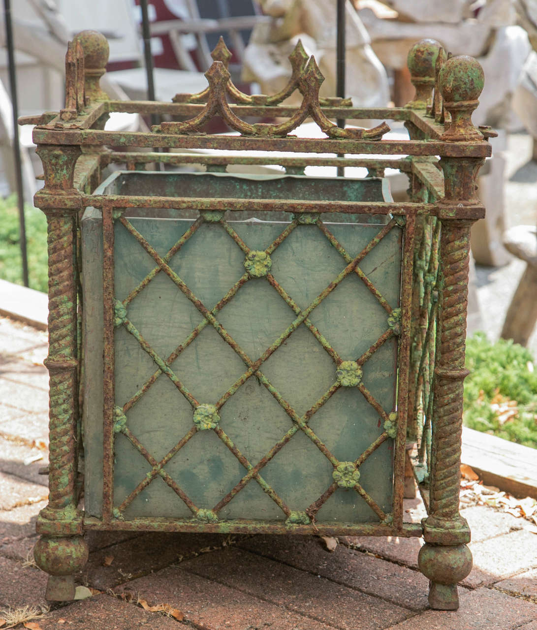Each of square form with trellis work. Sides flanking barley twist uprights with ball and spear finials. Includes copper linings, late 19th century. Acquired from Ron Howard Estate in Greenwich, Connecticut. Sotheby's Bilinghurst appraisal...