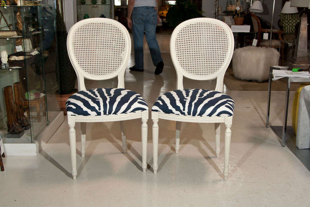 Offered here is a PAIR French Regency Style Chairs with new Travers fabric seats in dark navy blue 