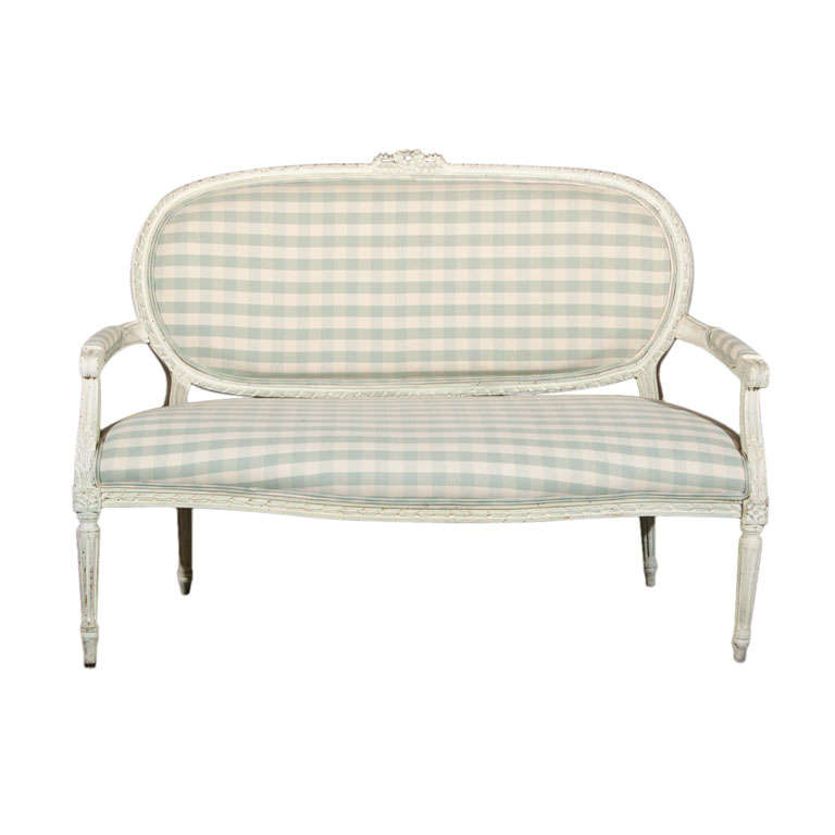 19th Century French Painted Settee with Blue and white plaid
