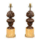 Pair Hand Carved Urns with Fruit on Faux Marble Bases