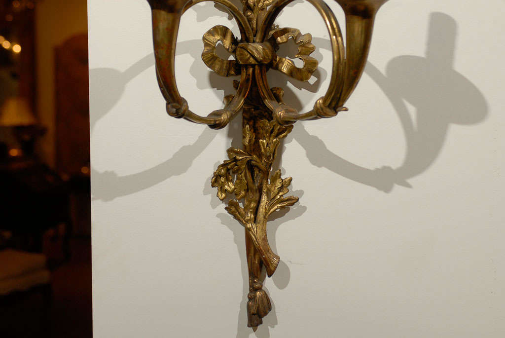 Pair of French Louis XVI Style Bronze Two-Light Sconces with Hunting Horns For Sale 2