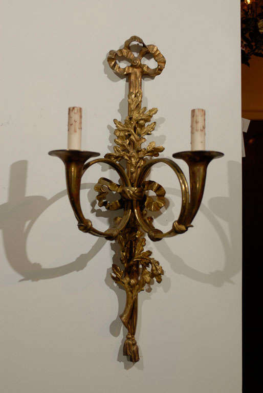Pair of French Louis XVI Style Bronze Two-Light Sconces with Hunting Horns For Sale 4