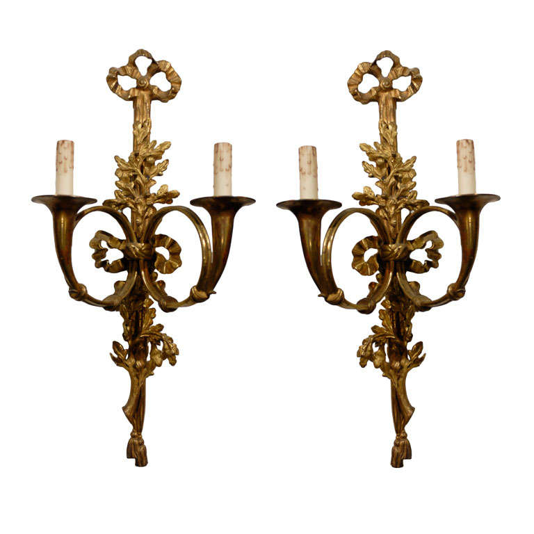 Pair of French Louis XVI Style Bronze Two-Light Sconces with Hunting Horns For Sale