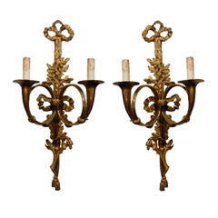 Antique Pair of French Louis XVI Style Bronze Two-Light Sconces with Hunting Horns