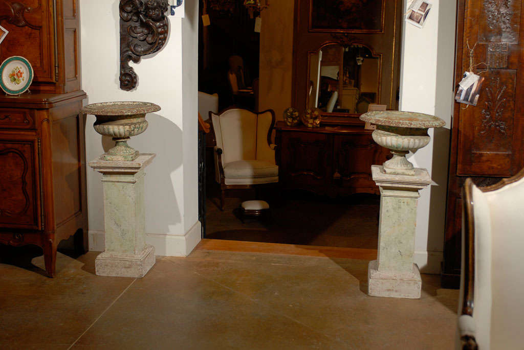 French Pair of Square Painted Wood Columns and 19th Century Jardiniers