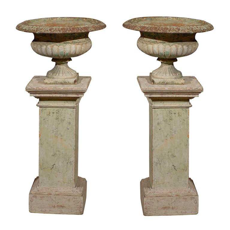 Pair of Square Painted Wood Columns and 19th Century Jardiniers