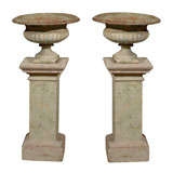 Pair of Square Painted Wood Columns and 19th Century Jardiniers
