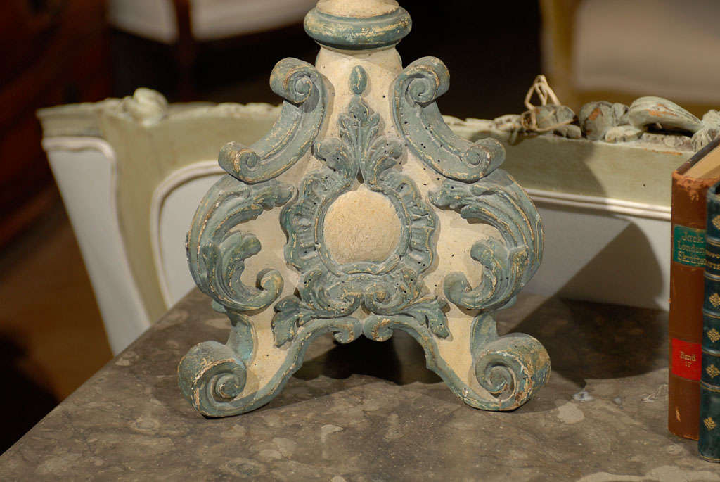 Hand-Carved 18th Century Italian Rococo Single Carved Candlestick, Painted with Blue Accents For Sale