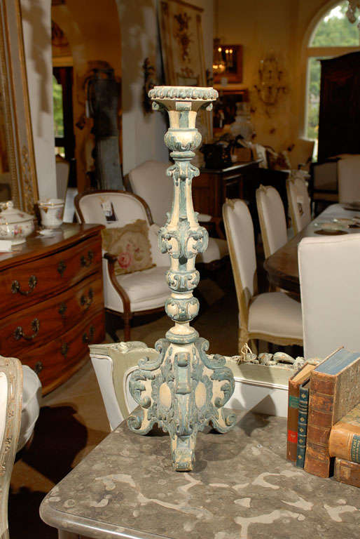 18th Century Italian Rococo Single Carved Candlestick, Painted with Blue Accents In Good Condition For Sale In Atlanta, GA