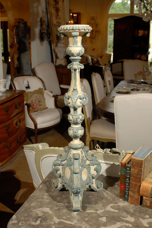 18th Century and Earlier 18th Century Italian Rococo Single Carved Candlestick, Painted with Blue Accents For Sale
