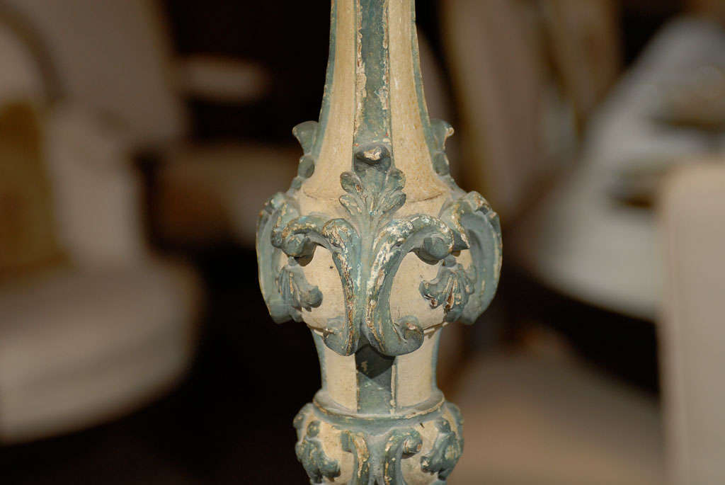 Wood 18th Century Italian Rococo Single Carved Candlestick, Painted with Blue Accents For Sale