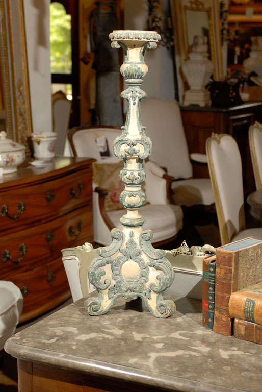 18th Century Italian Rococo Single Carved Candlestick, Painted with Blue Accents For Sale 1