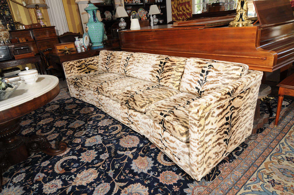 Pair of vintage Erwin Lambeth sofas covered in tiger print Velvet (price is for the pair, they are only sold together).