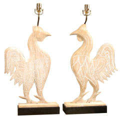 PAIR OF WHIMSICAL CARVED ROOSTERS AS LAMPS PAIR OF WHIMSICAL CARVED ROOSTERS AS LAMPS