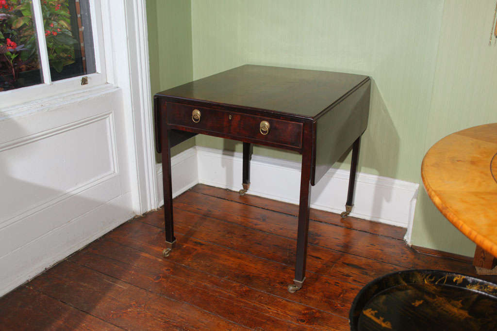 Very Fine Chippendale Period Mahogany Rectangular Pembroke Table, with twin rectangular drop leaves above a fitted drawer containing a baize-lined writing slide with divided compartments and having two fitted interior drawers, on square chamfered