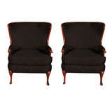 Pair of Upholstered Armchairs with Wood Trim