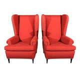 Vintage Pair of Upholstered Modern Wingback Armchairs