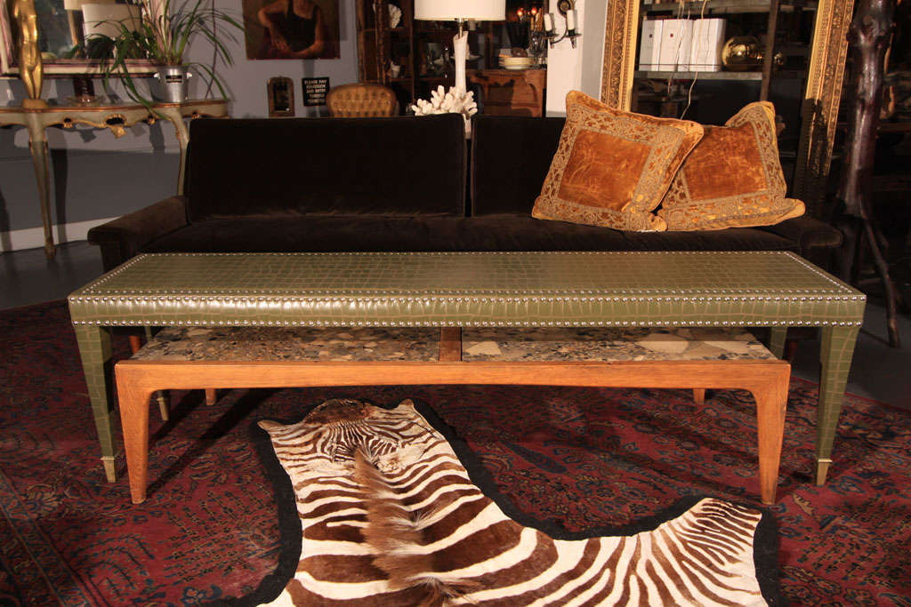 Faux-crocodile leather bench with nickel nailhead trim