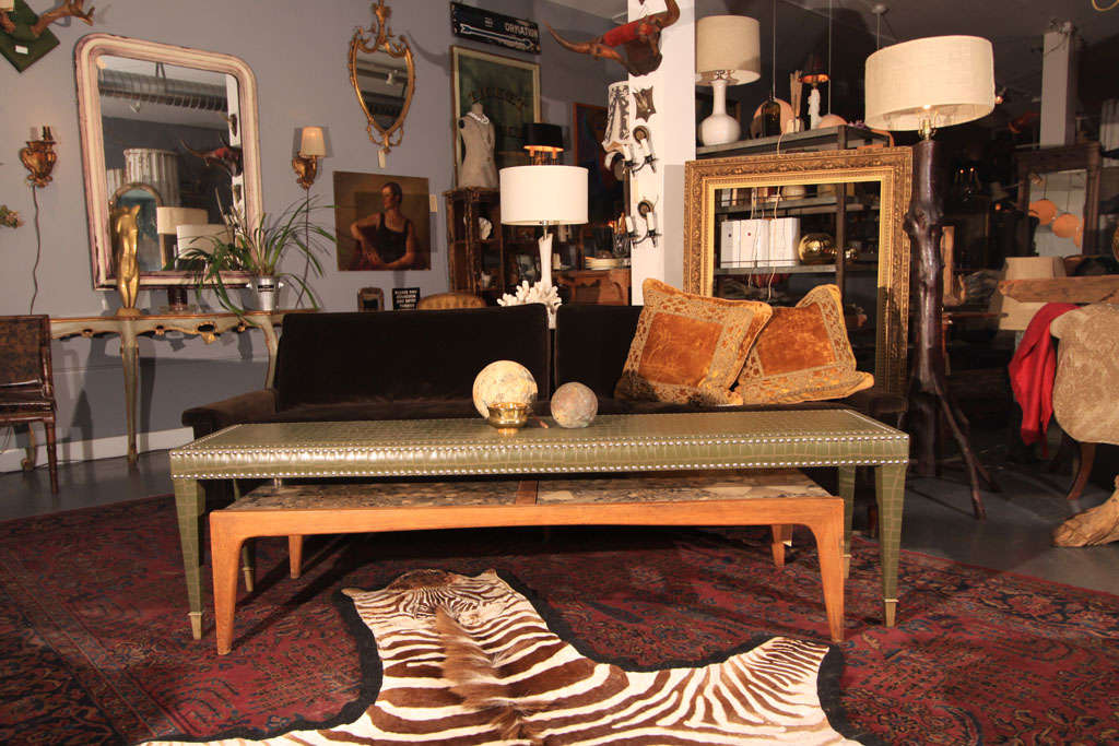 Fauxcrocodile leather bench with nickel nailhead trim at 1stDibs
