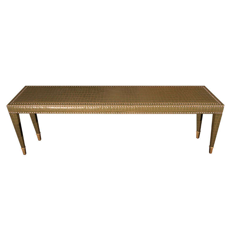 Fauxcrocodile leather bench with nickel nailhead trim at 1stDibs