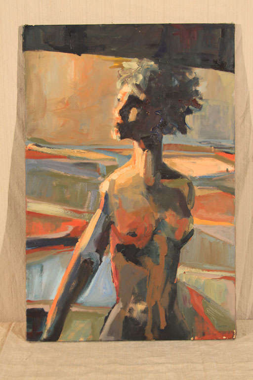 Moody yet brightly colored and starkly shadowy nude portrait of a woman of exceptional quality and unusual style.