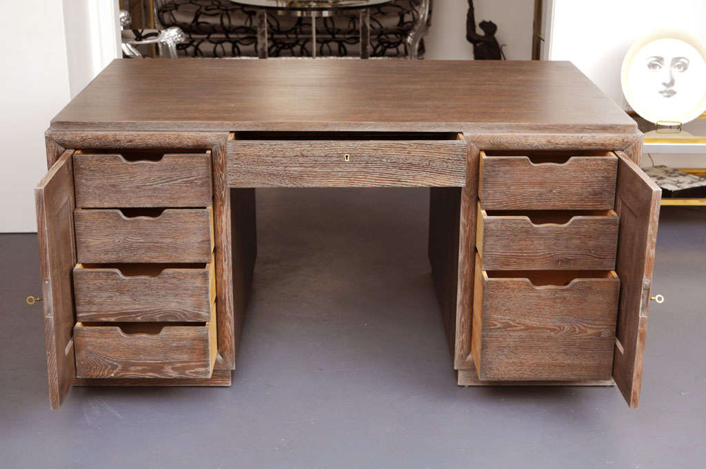 French Mid-Century Modern Cerused Golden Oak Desk in the style of Charles Dudouyt