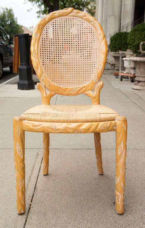 American Set of 8 Vintage 1970s Carved Wood Chairs